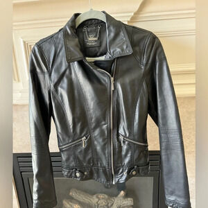 Zara Trafaluc Women's Jacket Black Asymmetric Zip Up Pockets Faux Leather Med